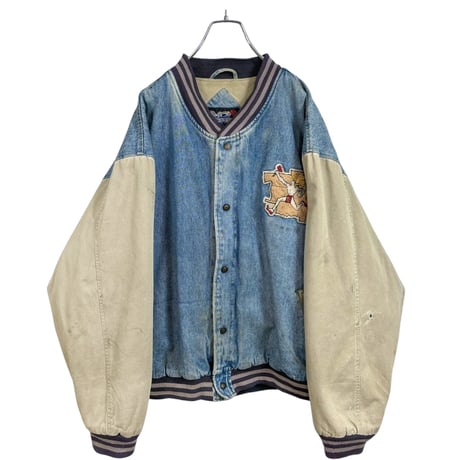 90s NO FEAR bi-color patched custom denim varsity jacket