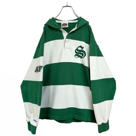 90-00s BARBARIAN L/S hooded GRN border rugger shirt