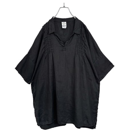 90s Match Point Made in USA S/S Black linen pullover shirt