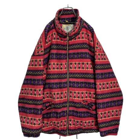 90s HOT ZONE aztec pattern zip-up fleece jacket