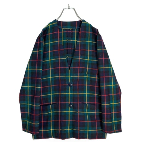 80-90s vintage tartan check no-collar wool cardigan jkt