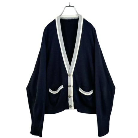 60-70s Vintage L/S rib design dark knit cardigan
